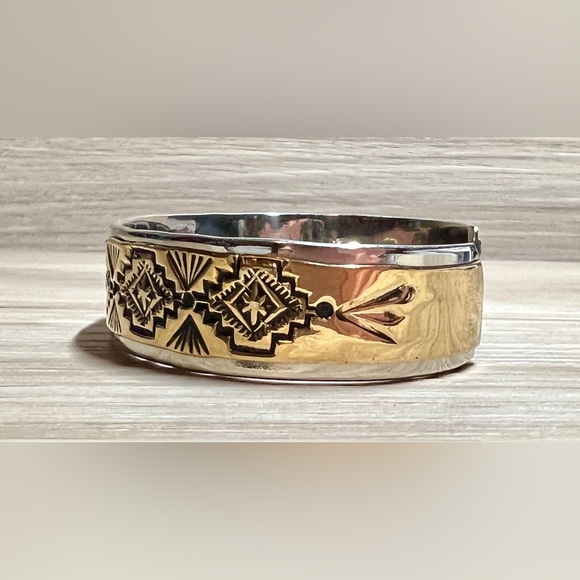 Designer Signed Native American Sterling Silver & 12K Gold Filled Cuff Bracelet - Picture 2 of 7